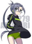  1girl alternate_costume amagiri_(kantai_collection) black_eyes black_hair character_name commentary_request glasses hands_in_pockets hood hooded_sweater in-ear_earphones itsumo_nokoru kantai_collection long_hair looking_at_viewer ponytail shorts solo sweater 