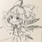  1girl bangs bow cirno dress food fruit gotoh510 greyscale grin hair_bow ice ice_wings index_finger_raised looking_at_viewer mandarin_orange monochrome ribbon simple_background smile solo teeth touhou traditional_media upper_body wings 
