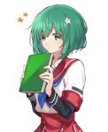  1girl ahoge bangs blue_neckwear blush book citron_82 eyebrows_visible_through_hair flower fringe green_eyes green_hair hair_flower hair_ornament highres holding holding_book long_sleeves looking_at_viewer magia_record:_mahou_shoujo_madoka_magica_gaiden mahou_shoujo_madoka_magica natsume_kako neckerchief parted_lips pleated_skirt school_uniform serafuku short_hair simple_background skirt star upper_body white_background 