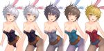  1girl animal_ears bare_shoulders battle_bunny_riven black_hair blonde_hair blush breasts brown_eyes brown_hair bunnysuit cleavage collarbone dated eyebrows_visible_through_hair fishnet_pantyhose fishnets large_breasts league_of_legends lee_seok_ho open_mouth pantyhose rabbit_ears riven_(league_of_legends) short_hair signature silver_hair smile 