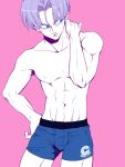  1boy bare_arms bare_chest blue_eyes boxers capsule_corp dragon_ball dragonball_z hand_on_hip hand_on_own_neck looking_away male_focus ochanoko_(get9-sac) pink_background purple_hair serious short_hair simple_background trunks_(dragon_ball) underwear 