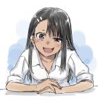  1girl 774_(nanashi) black_hair blush breasts brown_eyes collarbone commentary_request dark_skin ear_piercing fang hair_ornament hairclip leaning_on_object long_hair nagatoro open_mouth original piercing raised_eyebrow shirt sitting sleeves_folded_up small_breasts solo white_shirt 