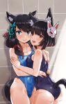  2girls :d animal_ears ass asymmetrical_docking azur_lane bangs black_hair blue_eyes blue_swimsuit blush breast_press breasts cat_ears cat_tail closed_mouth competition_school_swimsuit competition_swimsuit eyebrows_visible_through_hair fox_mask fusou_(azur_lane) gessosumisu highres long_hair looking_at_viewer mask mask_on_head medium_breasts multiple_girls one-piece_swimsuit open_mouth red_eyes school_swimsuit short_hair smile swimsuit tail wet yamashiro_(azur_lane) 