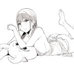  1girl ass barefoot breasts large_breasts long_hair low_twintails lying monochrome nightgown on_stomach sasamori_tomoe sideboob sketch stuffed_animal stuffed_toy the_pose twintails 