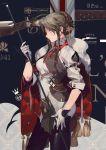  1girl black_footwear blue_eyes boots breasts brown_hair cape closed_mouth cowboy_shot from_side girls_frontline gloves green_eyes gun hair_bun hair_ornament holding jacket_on_shoulders lee-enfield lee-enfield_(girls_frontline) lee_enfield long_hair looking_to_the_side medium_breasts rei_(sanbonzakura) rifle sidelocks sleeves_folded_up sleeves_rolled_up solo thigh-highs thigh_boots union_jack vest weapon white_gloves 