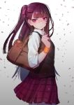  1girl :&lt; alternate_costume bangs blunt_bangs blush closed_mouth cowboy_shot eyebrows_visible_through_hair from_side girls_frontline gradient gradient_background hanato_(seonoaiko) hand_up long_hair looking_at_viewer one_side_up plaid plaid_skirt purple_hair purple_skirt school_uniform skirt sleeves_rolled_up solo sweater_vest tsurime violet_eyes wa2000_(girls_frontline) 