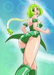  1girl arm_garter ass blue_background blush boots breasts choker garters green_eyes green_hair green_leotard green_neckwear highres hyumasu leotard long_hair looking_at_viewer looking_back magical_girl medium_breasts mew_lettuce midorikawa_lettuce open_mouth solo tokyo_mew_mew 