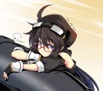  1girl :t ahoge bare_shoulders bespectacled blue_eyes brown_hair brown_hat cannon closed_mouth eyebrows_visible_through_hair fume glasses goggles goggles_on_head hair_between_eyes hat kanon_(sennen_sensou_aigis) long_hair looking_at_viewer low_ponytail ogami_kazuki pink-framed_eyewear puffy_short_sleeves puffy_sleeves sennen_sensou_aigis short_sleeves solo translation_request very_long_hair 
