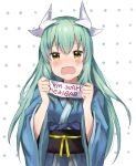  1girl aqua_hair blue_kimono blush crying crying_with_eyes_open d: english eyebrows_visible_through_hair fate/grand_order fate_(series) hair_between_eyes highres holding holding_sign horns japanese_clothes kimono kiyohime_(fate/grand_order) long_hair long_sleeves looking_at_viewer mochii obi open_mouth sash sign signature solo tears white_background wide_sleeves yellow_eyes 