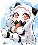  1girl artist_name carrot dress food holding holding_food horns kantai_collection long_hair mittens northern_ocean_hime red_eyes shinkaisei-kan signature solo twitter_username white_dress white_hair yamato_nadeshiko 