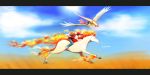  2boys absurdres backpack bag bird black_hair blue_sky brown_hair feathers fire flying hat highres horn horse jacket multiple_boys ookido_green pidgeot pokemon pokemon_(creature) pokemon_(game) pokemon_rgby rapidash raw_gummy red_(pokemon) riding sky smile spiky_hair 