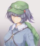  1girl alder backpack bag blue_eyes breasts closed_mouth green_hat grey_hair hair_bobbles hair_ornament hat kawashiro_nitori key long_sleeves looking_at_viewer medium_breasts short_twintails smile solo touhou twintails upper_body 