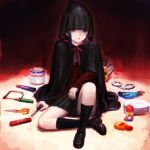  1girl black_legwear black_skirt brown_footwear chainsaw cloak closed_mouth cuffs enma_ai full_body handcuffs hood hooded_cloak jigoku_shoujo knee_up long_sleeves looking_at_viewer nazoani_museum paint_can pleated_skirt red_eyes scissors screwdriver shoes sitting skirt socks solo 