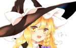  1girl :d =3 blonde_hair blush bow braid commentary hat hat_bow kirisame_marisa laughing looking_at_viewer open_mouth side_braid single_braid smile smug snort touhou translated wavy_hair witch_hat yellow_eyes yururi_nano 