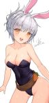  1girl animal_ears bare_shoulders battle_bunny_riven blush breasts brown_eyes bunnysuit cleavage collarbone dated eyebrows_visible_through_hair highres large_breasts league_of_legends lee_seok_ho open_mouth rabbit_ears riven_(league_of_legends) short_hair signature silver_hair smile solo 