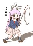 1girl animal_ears black_eyes blazer blush_stickers butterfly_net collared_shirt hand_net jacket loafers long_sleeves necktie purple_hair rabbit_ears reisen_udongein_inaba shirt shoes socks solo touhou translated zannen_na_hito 