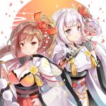  &gt;:) 2girls azur_lane bangs black_gloves blue_eyes blunt_bangs blush breasts brown_eyes brown_hair character_request cleavage closed_mouth eyebrows_visible_through_hair gloves holding holding_sword holding_weapon japanese_clothes katana kimono long_sleeves looking_at_viewer medium_breasts mole mole_under_eye multiple_girls obi pleated_skirt red_skirt sash sibyl skirt smile standing sword weapon white_hair wide_sleeves 