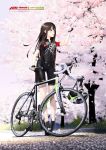  1girl bicycle bicycle_helmet bike_jersey black_gloves blush brown_hair cannondale cherry_blossoms day fingerless_gloves full_body gloves gluteal_fold green_eyes ground_vehicle headwear_removed helmet helmet_removed high_heels highres hitomi_kazuya idolmaster idolmaster_cinderella_girls long_hair open_mouth outdoors petals shibuya_rin smile solo standing 
