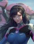  1girl animal_print bangs blue_bodysuit blue_sky blurry blurry_background bodysuit breasts brown_eyes brown_hair bunny_print chuby_mi d.va_(overwatch) eyelashes facepaint facial_mark from_below headphones high_collar highres lips long_hair looking_at_viewer mecha medium_breasts meka_(overwatch) nose outdoors overwatch pilot_suit pink_lips ribbed_bodysuit shadow shoulder_pads skin_tight sky smile solo swept_bangs upper_body watermark web_address whisker_markings 