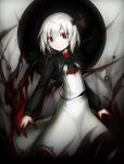  1girl ascot black_ribbon commentary_request darkness expressionless hair_between_eyes hair_ribbon highres long_sleeves looking_at_viewer pale_skin red_eyes ribbon rumia short_hair skirt skirt_set solo spark621 touhou vest white_hair white_skirt 