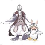  1boy 1girl :3 animal_costume animal_ears bondrewd cape commentary_request ears_through_headwear eyebrows_visible_through_hair fang fur furry green_eyes hare_(tetterutei) helmet highres long_hair looking_at_viewer made_in_abyss nanachi_(made_in_abyss) parted_lips penguin_costume simple_background standing walking white_background white_hair 