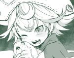  1girl :d bangs capelet creature hat horizontal_pupils hug looking_down made_in_abyss meinya_(made_in_abyss) monochrome one_eye_closed open_mouth prushka short_hair smile usuki_(usukine1go) 