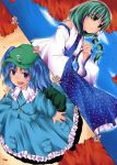  2girls backpack bag blue_hair comic cover cover_page detached_sleeves doujin_cover dress frog_hair_ornament green_hair hair_ornament hair_tubes hat highres kawashiro_nitori key kochiya_sanae long_hair long_sleeves multiple_girls shirt sleeveless sleeveless_shirt snake_hair_ornament tano touhou twintails two_side_up vest 