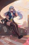  1girl absurdres adjusting_hair assault_rifle bag_charm bangs bird black_footwear black_legwear black_neckwear black_skirt blue_jacket blunt_bangs blush breasts bridge character_name charm_(object) choker city copyright_name cup drink drinking_glass drinking_straw facial_mark floating_hair from_below full_body girls_frontline guernical gun heckler_&amp;_koch highres hk416 hk416_(girls_frontline) jacket lips long_hair looking_to_the_side medium_breasts miniskirt open_clothes open_jacket orange_sky parted_lips petals rifle shirt shoes short_sleeves sitting skirt sky solo thigh-highs ump9_(girls_frontline) wanted weapon weapon_on_back white_shirt wind wristband zettai_ryouiki 