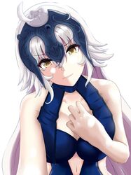  1girl ahoge breasts cleavage collarbone eyebrows_visible_through_hair fate/grand_order fate_(series) head_tilt highres jeanne_alter large_breasts long_hair looking_at_viewer navel_cutout parted_lips piukute062 ruler_(fate/apocrypha) silver_hair simple_background sleeveless smile solo upper_body very_long_hair white_background yellow_eyes 