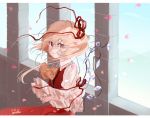  1girl artist_name ascot blonde_hair cherry_blossoms commentary_request dated flandre_scarlet frilled_sleeves frills gotoh510 hair_ribbon long_hair long_sleeves looking_at_viewer one_side_up red_eyes red_ribbon red_skirt ribbon signature skirt skirt_set solo touhou vest wide_sleeves wind wings 