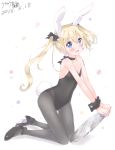  1girl animal_ears bangs bare_arms bare_shoulders black_bow black_footwear black_legwear black_leotard blonde_hair blue_eyes blush bow breasts bunny_girl bunny_tail bunnysuit collarbone commentary_request dated earrings eyebrows_visible_through_hair full_body hair_between_eyes hair_bow high_heels highres holding holding_tray jewelry leotard looking_at_viewer original pantyhose parted_lips rabbit_ears signature simple_background small_breasts solo strapless strapless_leotard tail tia-chan tray twintails uchuuneko uneven_twintails wavy_mouth white_background wrist_cuffs 