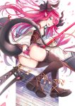  alternate_costume asymmetrical_horns black_legwear blue_eyes curled_horns detached_sleeves dragon_girl dragon_horns dragon_tail fate/extra fate/extra_ccc fate_(series) highres holding holding_spear holding_weapon horns japanese_clothes lancer_(fate/extra_ccc) long_hair nail_polish panties pink_hair pink_nails pointy_ears polearm sandals spear tail thigh-highs underwear weapon white_panties wide_sleeves zhi_yu_(siro800102) 