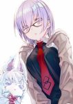  1girl fate/grand_order fate_(series) fou_(fate/grand_order) glasses hair_over_one_eye highres lavender_hair looking_at_viewer necktie red_neckwear saijou_haruki shielder_(fate/grand_order) short_hair simple_background violet_eyes white_background 