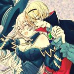  1boy 1girl blonde_hair cape closed_eyes dress european_clothes female_my_unit_(fire_emblem_if) fire_emblem fire_emblem_if grin hat hug hug_from_behind leon_(fire_emblem_if) long_hair my_unit_(fire_emblem_if) smile vampire vampire_costume white_hair witch_hat 