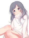  1girl bare_legs blush closed_mouth copyright_request empty_eyes eyebrows_visible_through_hair highres jitome knees_together_feet_apart long_hair long_sleeves looking_at_viewer purple_hair sekina simple_background sitting solo sweater white_background white_sweater 
