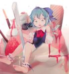  1girl arm_support bare_legs bare_shoulders barefoot blue_dress blue_eyes blue_hair blueberry bow cirno cup d: dress eyebrows_visible_through_hair food fruit full_body hair_bow highres holding ice ice_cream ice_wings leo_(mewibos) looking_down open_mouth pocky puffy_short_sleeves puffy_sleeves red_ribbon ribbon short_hair short_sleeves shoulder_cutout sitting solo spoon strawberry strawberry_syrup sundae touhou wafer wafer_stick whipped_cream wings 