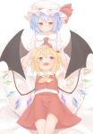  2girls ascot bat_wings blonde_hair blue_hair brooch closed_mouth commentary_request flandre_scarlet half-closed_eyes hand_on_another&#039;s_head hat hat_ribbon highres jewelry lap_pillow lying mob_cap multiple_girls on_back open_mouth red_eyes red_ribbon red_skirt remilia_scarlet ribbon sakurea siblings simple_background sisters sitting skirt skirt_set smile touhou vest white_background white_hat wings 