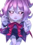  1girl black_sclera bow cogara dress fingernails frown hair_between_eyes highres long_fingernails looking_at_viewer musume pointy_ears purple_dress purple_hair purple_skin ringed_eyes solo sweat v_yuusha_no_kuse_ni_namaiki_da_r violet_eyes white_background yuusha_no_kuse_ni_namaiki_da 