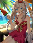  1girl :d blue_eyes blue_sky breasts cleavage collarbone dress dress_swimsuit eyebrows_visible_through_hair fate/grand_order fate_(series) food fruit hair_ornament holding holding_food long_hair marie_antoinette_(fate/grand_order) marie_antoinette_(swimsuit_caster)_(fate) medium_breasts ocean open_mouth outdoors palm_tree red_dress red_swimsuit short_dress silver_hair sitting sky sleeveless sleeveless_dress smile solo swimsuit tree twintails very_long_hair watermelon 