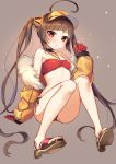  1girl :o ahoge azur_lane bandeau bangs bare_legs bare_shoulders bikini blunt_bangs breasts brown_hair eyebrows_visible_through_hair full_body fur_collar gloves grey_background hair_ornament highres jacket knees_together_feet_apart long_hair looking_at_viewer ping_hai_(azur_lane) potemkin_village red_bikini red_eyes red_gloves sandals side-tie_bikini simple_background sitting small_breasts solo swimsuit twintails very_long_hair visor_cap 