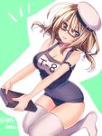  1girl blonde_hair book breasts cleavage green_eyes hakusai_ponzu hat i-8_(kantai_collection) kantai_collection large_breasts lips low_twintails name_tag one-piece_swimsuit peaked_cap sailor_hat school_swimsuit semi-rimless_eyewear solo swimsuit thigh-highs twintails under-rim_eyewear white_legwear 