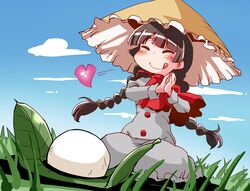  1girl absurdres baozi braid closed_eyes food grass hands_together hat heart highres licking_lips shinapuu sky solo tongue tongue_out touhou twin_braids yatadera_narumi 