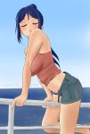  10s 1girl bare_shoulders blue_hair breasts closed_eyes highres large_breasts looking_at_viewer love_live! love_live!_sunshine!! matsuura_kanan midriff navel ocean ponytail pursed_lips railing shirow_(mha03133) short_shorts shorts solo straddling unbuttoned 