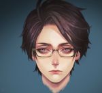  1boy blue_background brown_hair closed_mouth commentary_request copyright_request glasses half-closed_eyes highres looking_away looking_to_the_side male_focus mole mole_under_mouth murasaki_(fioletovyy) portrait solo under-rim_eyewear violet_eyes 