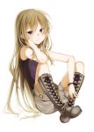  1girl belt blonde_hair blue_eyes blush boots camisole cross-laced_footwear full_body hair_between_eyes highres honryou_wa_naru knee_boots lace-up_boots long_hair original shorts simple_background sitting solo very_long_hair white_background 