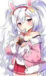  1girl animal_ears azur_lane bottle brown_eyes cola commentary_request drinking fake_animal_ears hairband holding ichihaya jacket laffey_(azur_lane) long_hair looking_at_viewer pleated_skirt simple_background skirt solo twintails white_background white_hair 