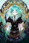  aqua_eyes aqua_hair bangs belt black_neckwear black_shorts closed_mouth collared_shirt frame houseki_no_kuni looking_down necktie oollnoxlloo parted_bangs phosphophyllite puffy_short_sleeves puffy_sleeves shirt short_sleeves shorts solo standing white_shirt 