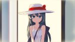  1girl bangs bare_arms bare_shoulders black_hair blue_eyes bow closed_mouth door dress hair_bobbles hair_ornament hair_over_shoulder hat hat_bow highres long_hair looking_at_viewer mianbaoshi_mengxiang original red_bow smile solo sun_hat sundress upper_body white_dress 