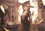  1girl beaker black_desert_online blue_eyes book bookshelf breasts brown brown_hair cleavage clutter copyright_name crank echosdoodle flower hat highres indoors open_book paper plant scroll small_breasts solo standing vial witch_hat 
