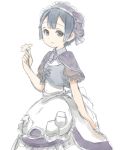  1boy apron blue_hair brown_eyes capelet dress flower from_side highres holding holding_flower lca906 looking_at_viewer looking_to_the_side made_in_abyss maid maid_apron maid_headdress male_focus maruruk parted_lips puffy_short_sleeves puffy_sleeves short_sleeves simple_background smile solo trap vest white_background 